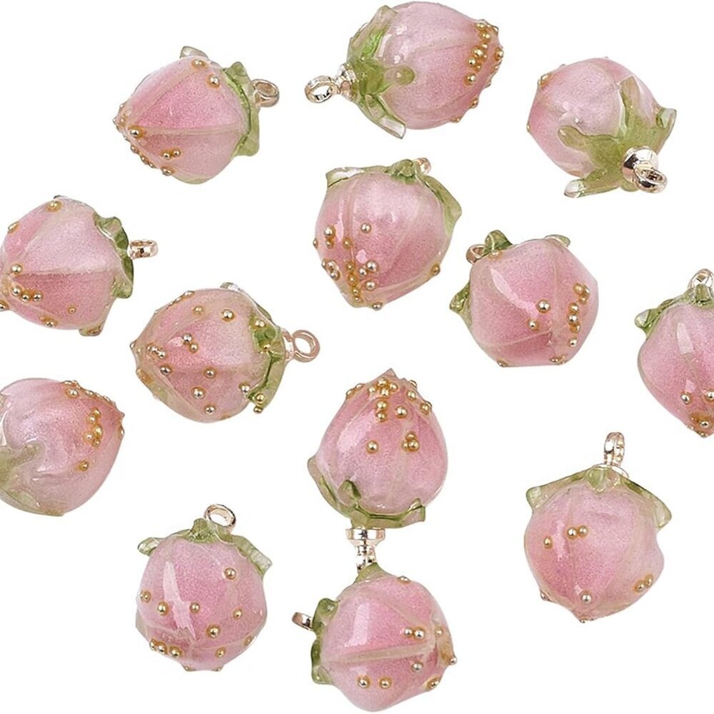 10pcs Transparent Acrylic Pink Flower Rose Bud Charms Strawberry Pendants for Je